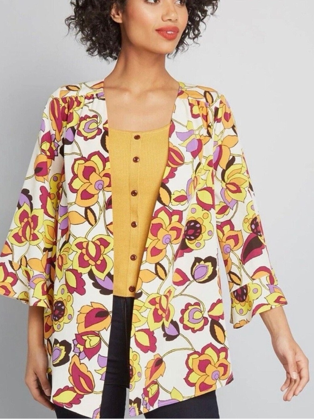 ModCloth Chic Certainly Styled Retro Floral Kimono Duster Jacket Size XXS XS